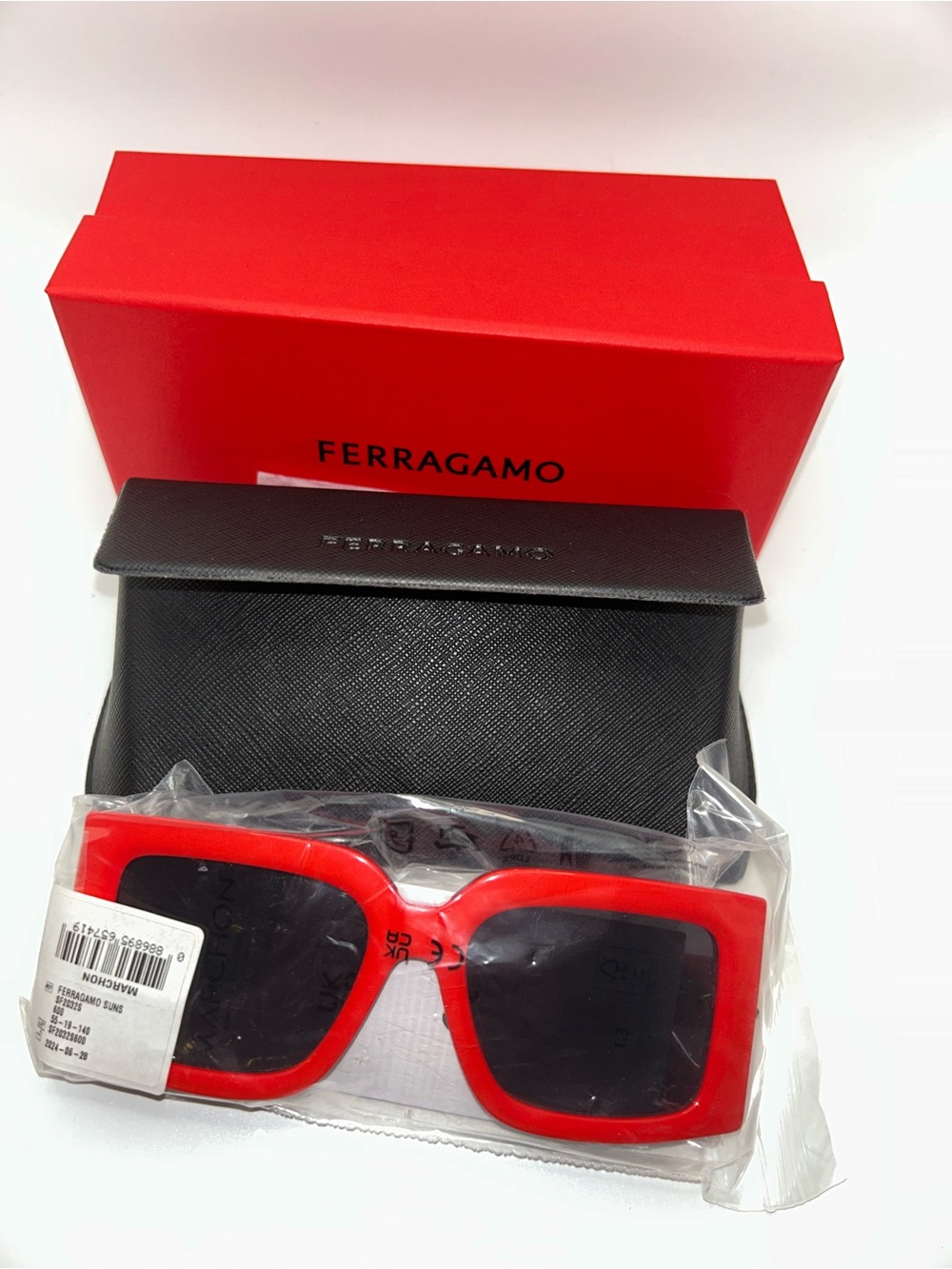 Ferragamo red mod square style sunglasses new in box and case